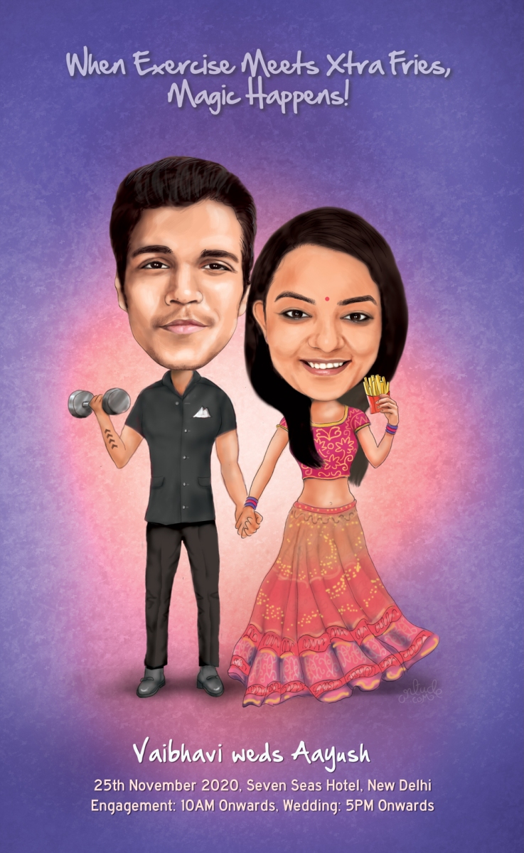 Personalized Wedding Invite Caricature! Foodie and Fitness Freak Theme… –  Caricature & Portrait Services – Dubai / Bangalore